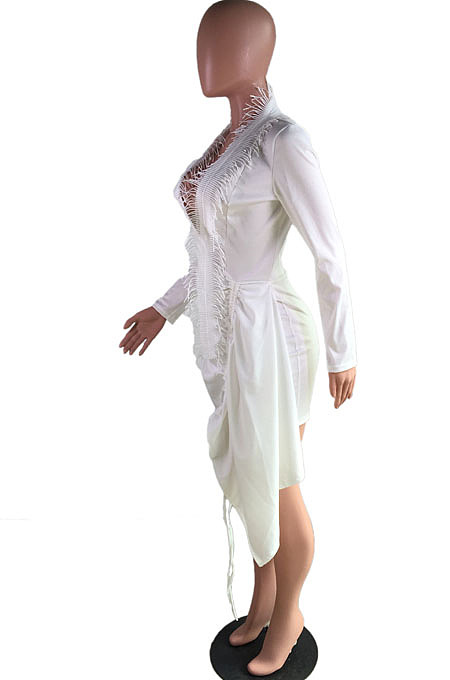 White Sexy Deep V Neck Bandage Ruffle Long Sleeve Dress C1058