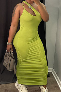 Yellow Women Side Shirred Detail One Shoulder Pure Color Long Dress AA5254-2