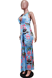 White Purple Flower Deep V Neck Sleeveless Print Chest Spliced Long Dress WY6822-5