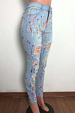 Light Blue Fashion Colorful Hole Jean Pencil Pants QZ5318-1