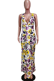 Red Blue Deep V Neck Sleeveless Print Chest Spliced Long Dress WY6822-3