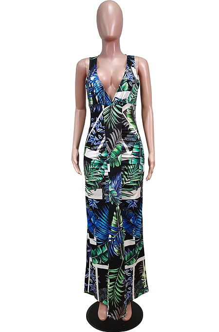 Blue Green Leaf  Deep V Neck Sleeveless Print Chest Spliced Long Dress WY6822-2