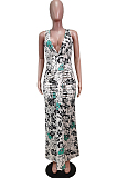 Blue Red Flower Deep V Neck Sleeveless Print Chest Spliced Long Dress WY6822-1