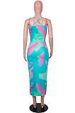 Orange Yellow Digital Print Zipper Deep V Fashion Sexy Long Dress SZS8135-3