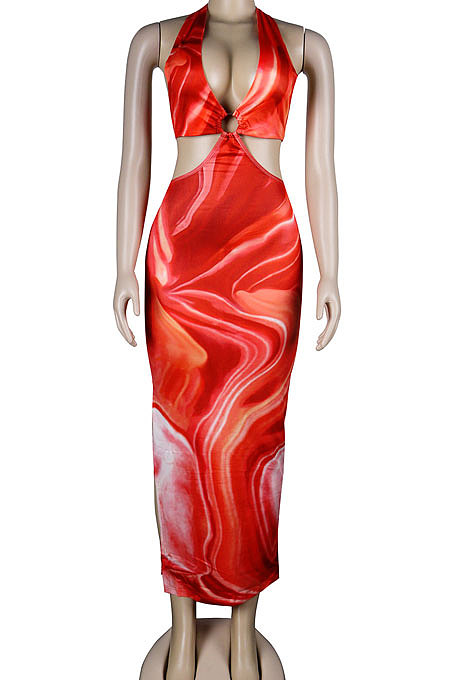 Brown Club Multicolor Halter Neck Backless V Collar Split Long Dress KA7180-2
