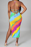 Orange Women Club Sexy Printing Backless Long Dress KA7182-1