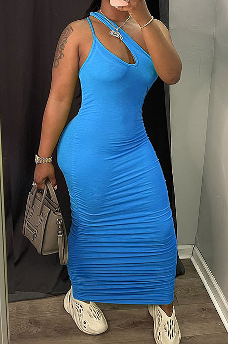Red Women Side Shirred Detail One Shoulder Pure Color Long Dress AA5254-3