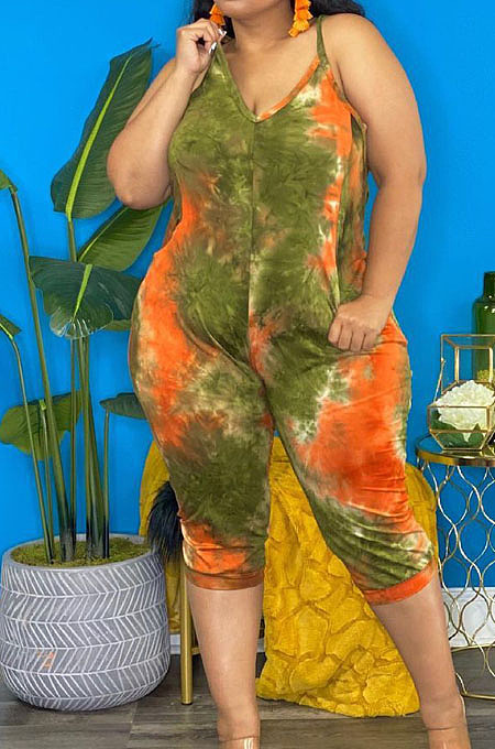 Green Tie Dye Loose V Neck Casual Loose Romper Shorts AFY747-2