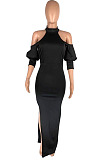 Pink Night Club High Collar Off Shoulder Puff Sleeve Side Slit Dress LMM6203-1 