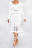 Black Euramerican Women Sexy Small V Neck Long Sleeve Lace Fishtail Skirt's Hemline Perspective Mini Dress Q920-2