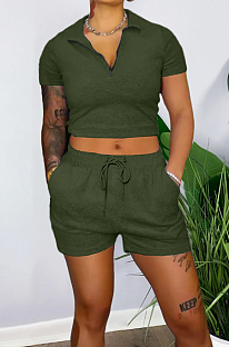 Dark Green Pure Color Turn-Down Collar Zipper Short Sleeve Crop Top Shorts Two Piece YX9285-7