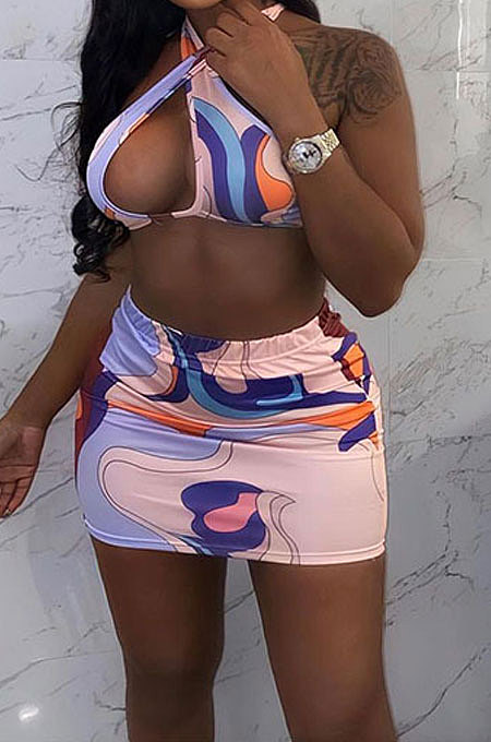 Beige Trendy Sexy Swimwear Printing Skirts Sets DLY8017-3