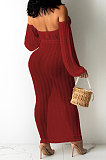 Wine Red Sexy Mesh Pure Color Mid Waist Long Sleeve Halter Neck Long Dress YF9107-3
