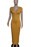 Black Women Sexy Pure Color V Neck Back Zipper Split Long Dress XT8897-3