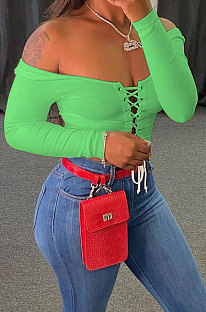 Light Green Autumn Winter Women  Screw Thread Pure Color Long Sleeve T Shirts AD0702-3