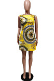 Gold Yellow Positioning Print Cute Round Neck Sleeveless Loose Dress F88374-1