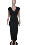 Black Women Sexy Pure Color V Neck Back Zipper Split Long Dress XT8897-3