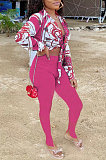 Neon Yellow Summer Print Lapel Neck Short Sleeve Shirt Slit Long Pants Two Piece YMT6217-2
