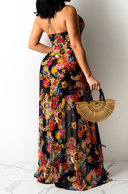 Condole Belt Sleeveless Printing Cute Halter Neck Jumpsuits Skirts Sets YF9110