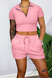 White Pure Color Turn-Down Collar Zipper Short Sleeve Crop Top Shorts Two Piece YX9285-3