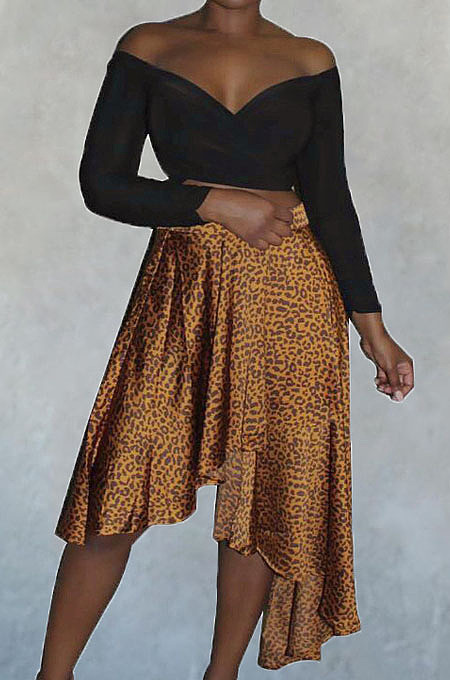 Gold Irregularity Leopard Print Mid Waist Skirt LMM8266 