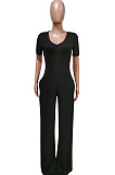 Grey Deep V Neck Loose Short Sleeve Pure Color Wide Leg Jumpsuits F88372-5