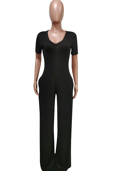Grey Deep V Neck Loose Short Sleeve Pure Color Wide Leg Jumpsuits F88372-5
