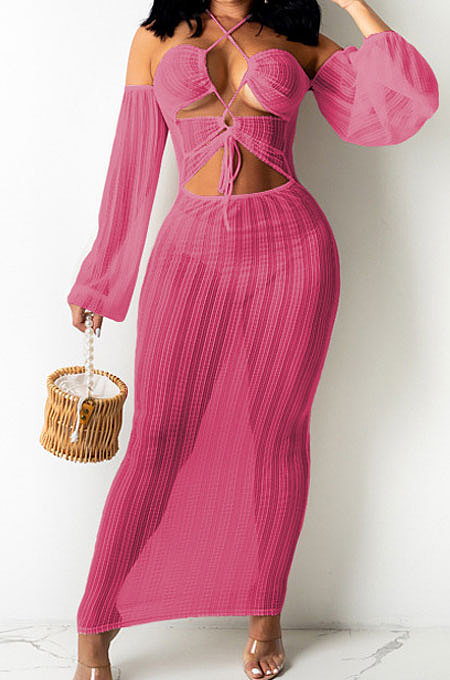 Rose Red Sexy Mesh Pure Color Mid Waist Long Sleeve Halter Neck Long Dress YF9107-5