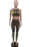 Royal Blue Print Round Neck Chest Zipper Sleeveless Crop Top Long Pants F88377-3