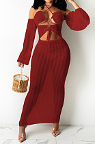 Wine Red Sexy Mesh Pure Color Mid Waist Long Sleeve Halter Neck Long Dress YF9107-3