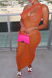 Orange Hollow Out Sexy Mesh One Shoulder Long Dress Sets With Underwear XT8898-3