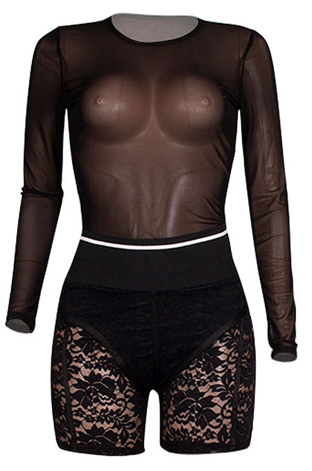 Blue Women Sexy Lace Casual Shorts Mesh Top Two-Pieces Q908-4