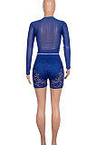Neon Green Women Sexy Lace Casual Shorts Mesh Top Two-Pieces Q908-3