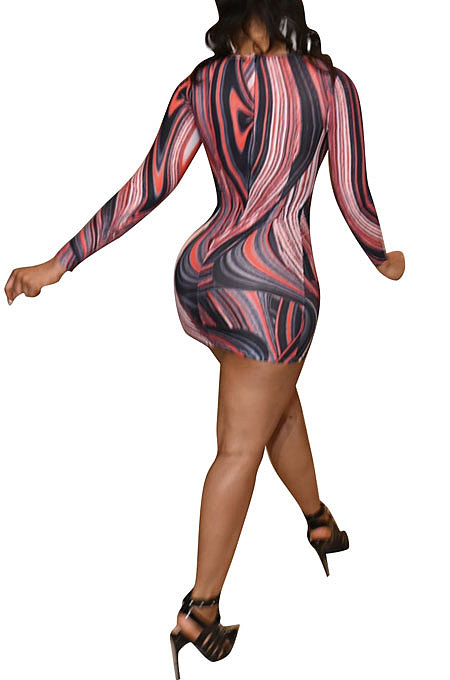 Purple Euramerican Women Autumn Wave Printing Tight Sexy Long Sleeve Mini Dress Q927-1