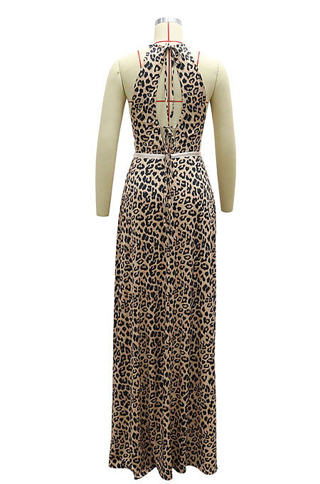 Leopard High Waist Halter Neck Hollow Out Backless Long Dress YF9135