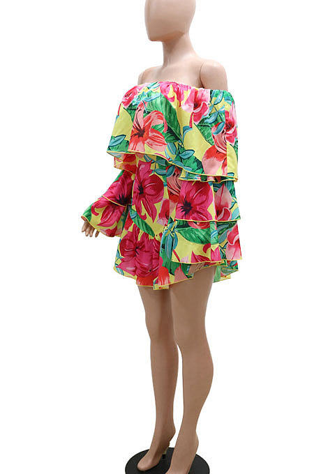 Blue Ruffle Strapless Off Shoulder Mid Waist Romper Shorts YF9143-2
