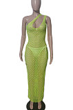 Pink Hollow Out Sexy Mesh One Shoulder Long Dress Sets With Underwear XT8898-2