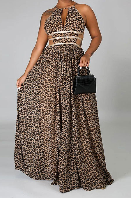 Leopard High Waist Halter Neck Hollow Out Backless Long Dress YF9135