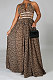 Leopard High Waist Halter Neck Hollow Out Backless Long Dress YF9135