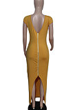 Black Women Sexy Pure Color V Neck Back Zipper Split Long Dress XT8897-3