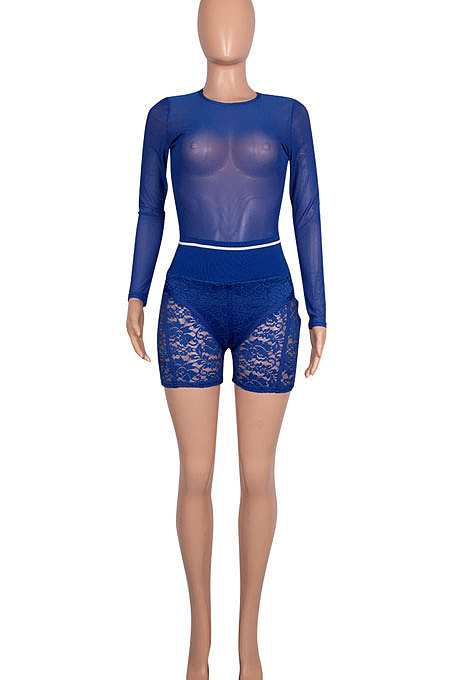 Blue Women Sexy Lace Casual Shorts Mesh Top Two-Pieces Q908-4