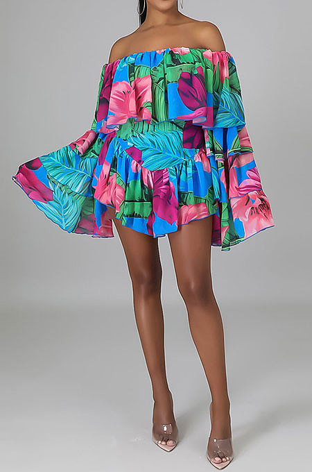 Blue Ruffle Strapless Off Shoulder Mid Waist Romper Shorts YF9143-2