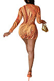 Black Euramerican Women Autumn Wave Printing Tight Sexy Long Sleeve Mini Dress Q927-2