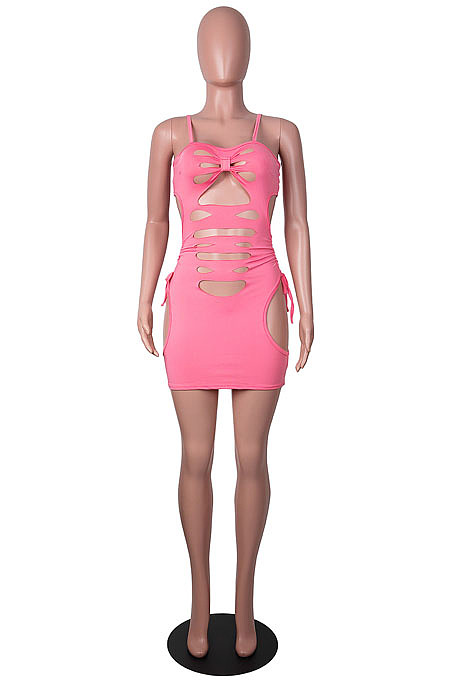 Light Brown Pure Color Strapless Condole Belt Hollow Out Hole Hip Mini Dress SZS8141-4