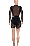 Neon Green Women Sexy Lace Casual Shorts Mesh Top Two-Pieces Q908-3