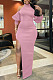 Pink Night Club High Collar Off Shoulder Puff Sleeve Side Slit Dress LMM6203-1 