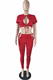 Red Night Club Round Neck Hollow Out Short Sleeve Dew Waist Long Pants Two Piece L0354-2