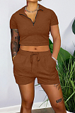Pink Pure Color Turn-Down Collar Zipper Short Sleeve Crop Top Shorts Two Piece YX9285-5