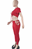 Red Night Club Round Neck Hollow Out Short Sleeve Dew Waist Long Pants Two Piece L0354-2