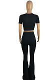 White Round Neck Short Sleeve Micro Flared Pants Pure Color Casual Sets E8608-2